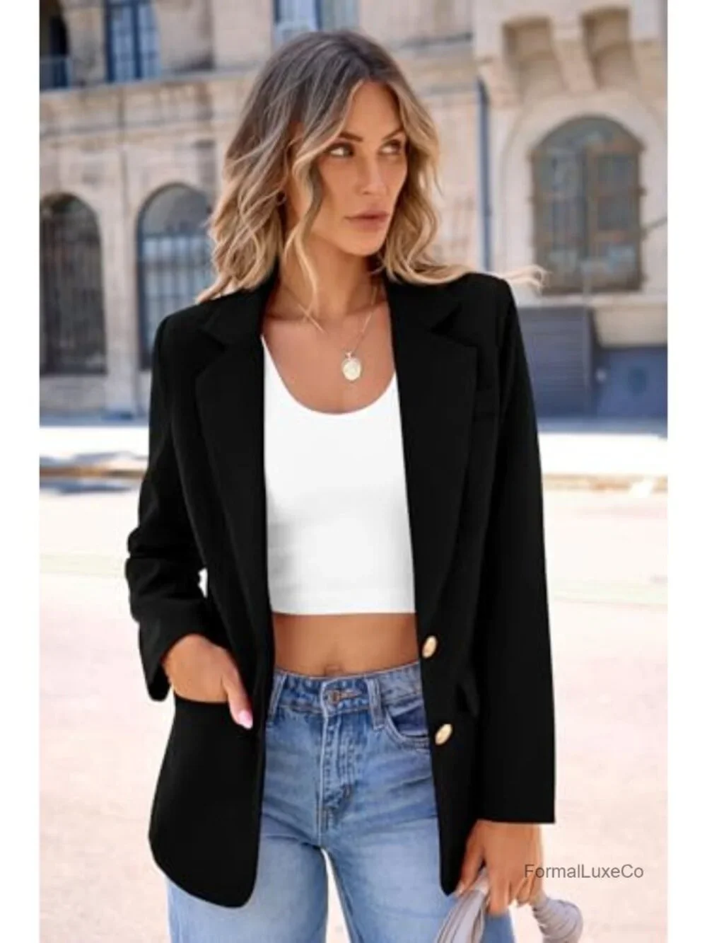 Women's Business Casual Blazer Notch Lapel Long Sleeve Padded Shoulders Work